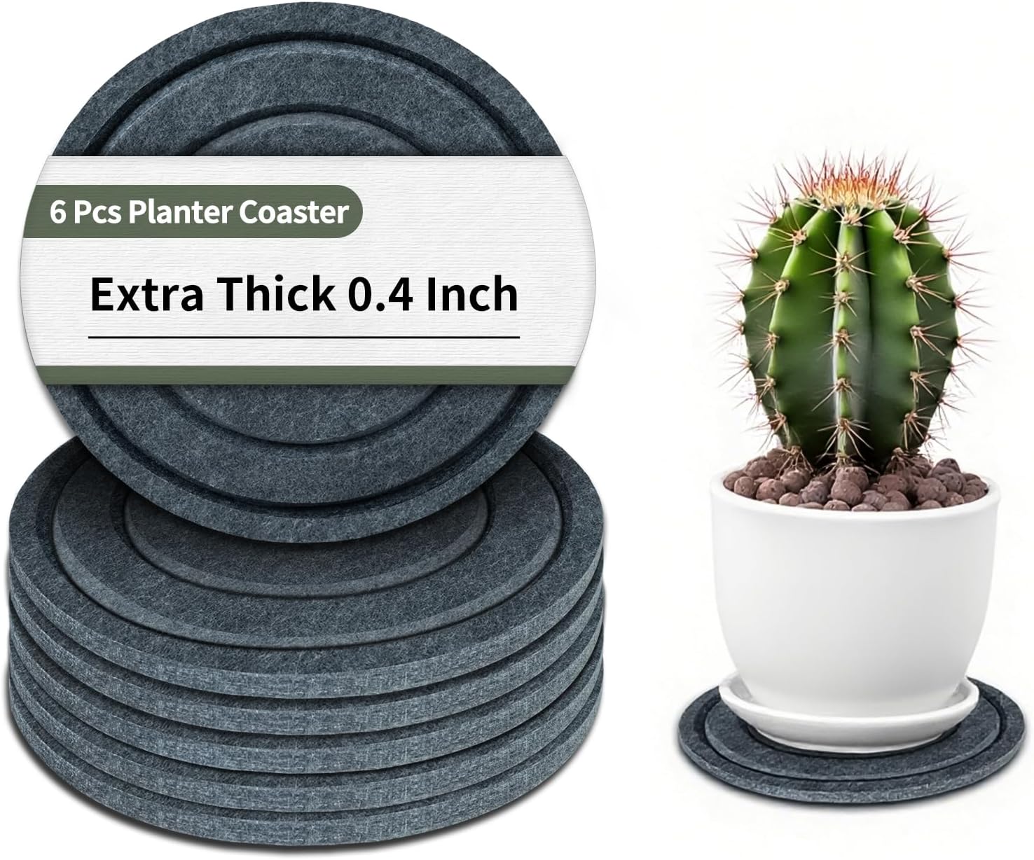 BXI Felt Plant Saucer Mat - 6 Pcs 6 Inch Water Absorbent Planter Coaster, 0.4 Inch Thick Flower Pot Saucer Pad, Planting Drip Tray for Indoors, Fabric Protective Plate for Tabletop and Floor Surface