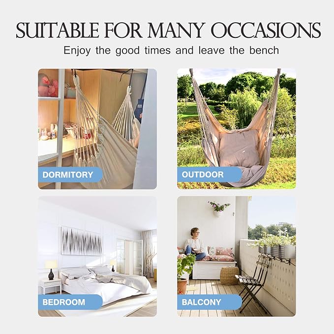 Hommtina Hammock Chair Hanging Rope Swing, Max 300 Lbs Hanging Chair with Pocket & Durability Perfect for Outdoor, Home, Bedroom, Patio, Yard (Pillows NOT Included,Khaki)