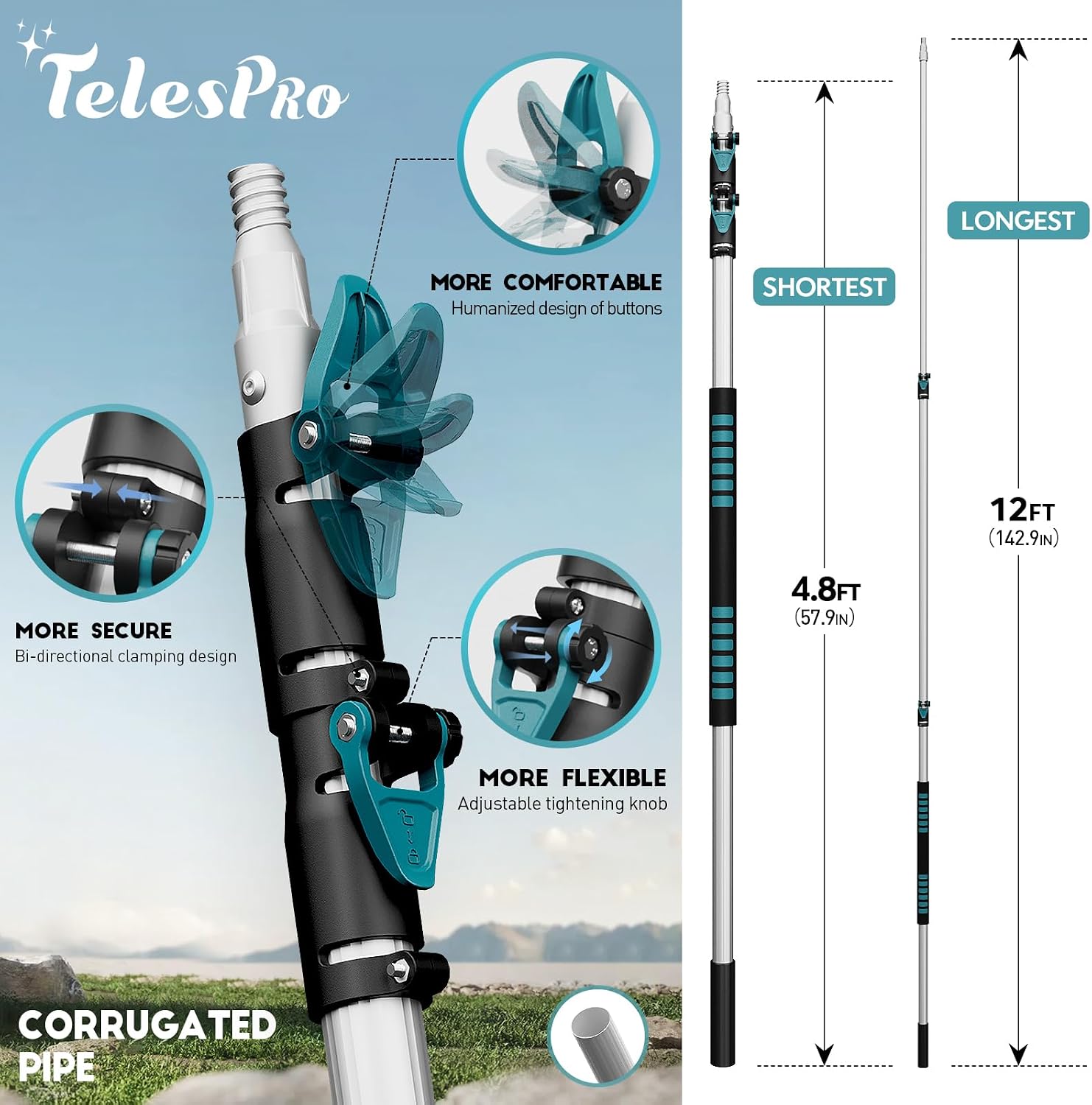 TelesPro Extendable Tree Trimmer: Manual Pole Saw | 5-12ft Telescoping Pruning Pole for Tree Trimming | Saw Attachment, Safety Goggles, and Gloves Included | Trim Branches up to 2" Diameter