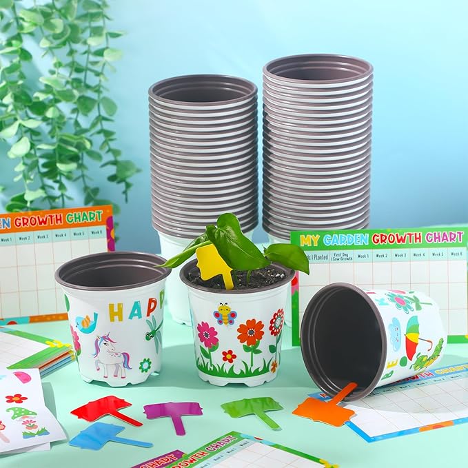 Capoda 48 Sets Garden Flower Pots Crafts Kit DIY Spring Plastic Seedling Nursery Pots with Stickers Plant Labels Growth Charts Planting Growing Tools Classroom Activities Project Gifts (Round)