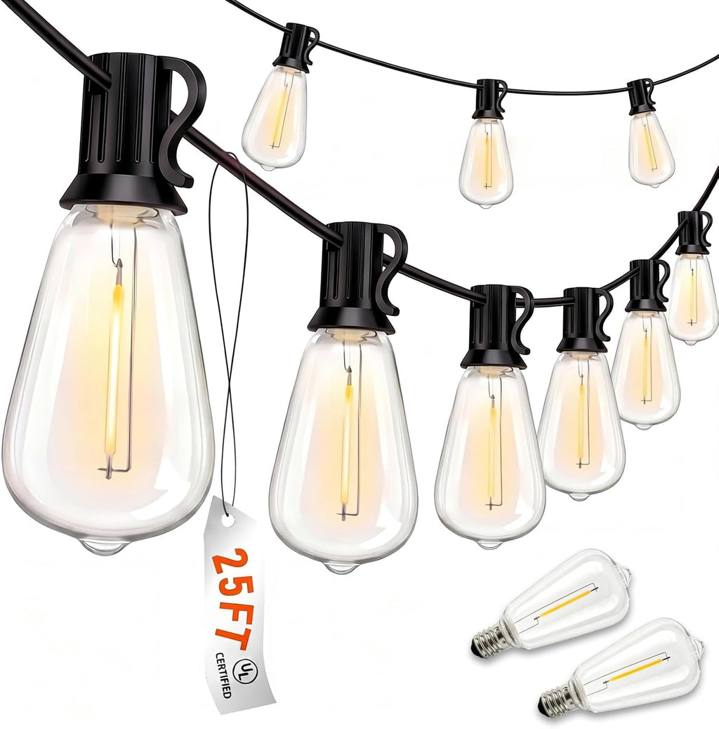 25FT LED Outdoor String Lights, ST38 Patio Lights Waterproof with 25 Shatterproof Edison Bulbs, Connectable Outside Hanging Light for Porch, Garden, Backyard, Deck, Balcony, Decor, 2700K Warm White