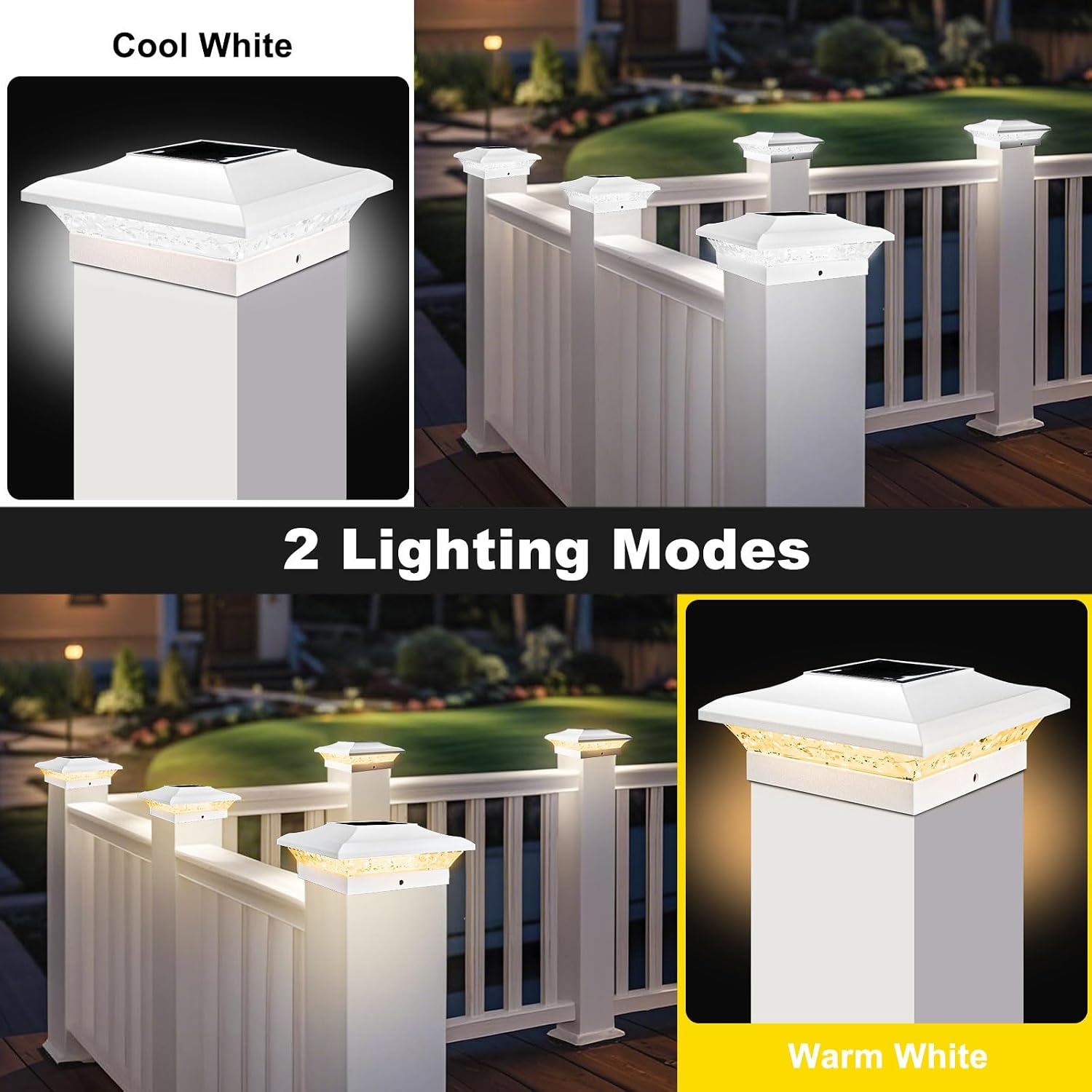 T-SUN 4x4 Solar Post Cap Light White, 6 Pack Solar Post Lights 3000K/6000K | Fit for 4x4 Vinyl Wooden Post, Waterproof Solar Post Cap Lights with Warm & Cool White, for Deck Garden Patio Yard Lighting