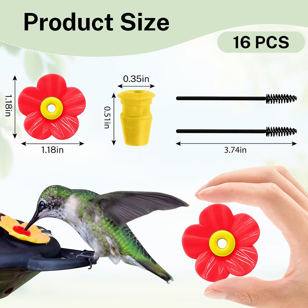 16 Sets Replacement Flowers for Hummingbird Feeder Parts with 2pcs Humming Bird Feeder Brushes for Cleaning, Hummingbird Feeder Replacement Flowers for Outdoor Hanging Bird Feeder Bee Guards Kit