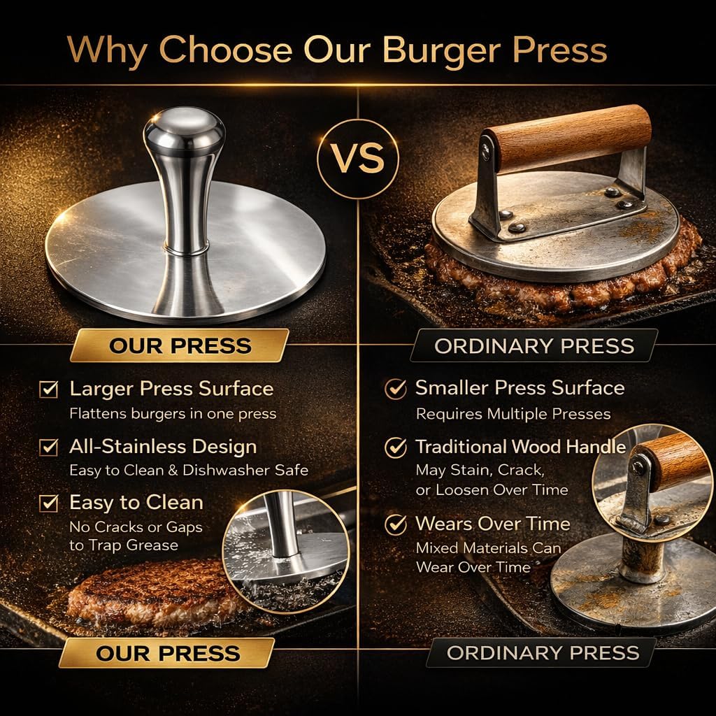 Premium Stainless Steel Smash Burger Press, Heavy Duty Burger Smasher with Ergonomic Handle, Large Press Surface, Easy to Clean, Perfect for Grill, Griddle & Everyday Cooking