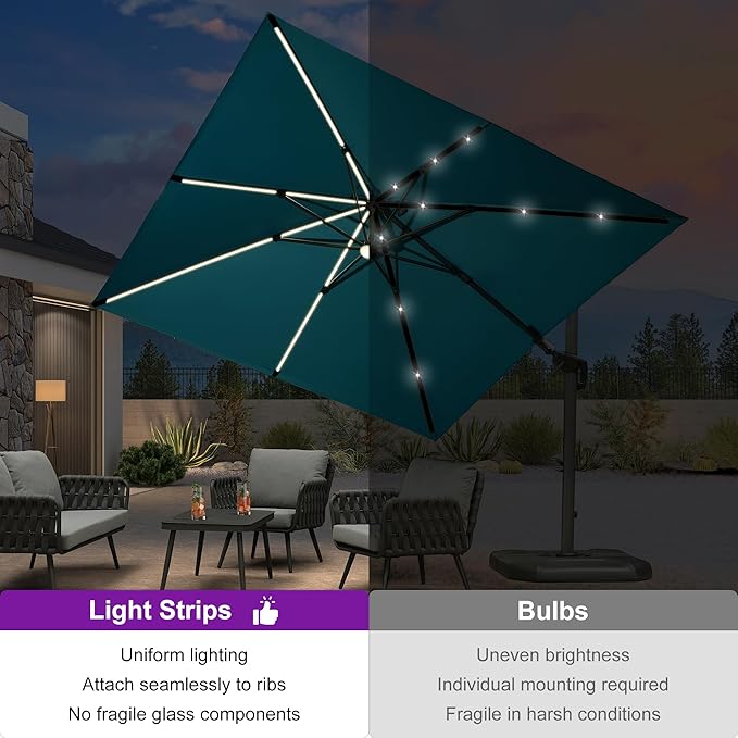 PURPLE LEAF 10 Feet Patio Umbrella Outdoor Cantilever Solar Powered LED Swivel Square Umbrella Aluminum Offset Umbrella with 360-degree Rotation for Garden Deck Pool Patio, Turquoise Blue