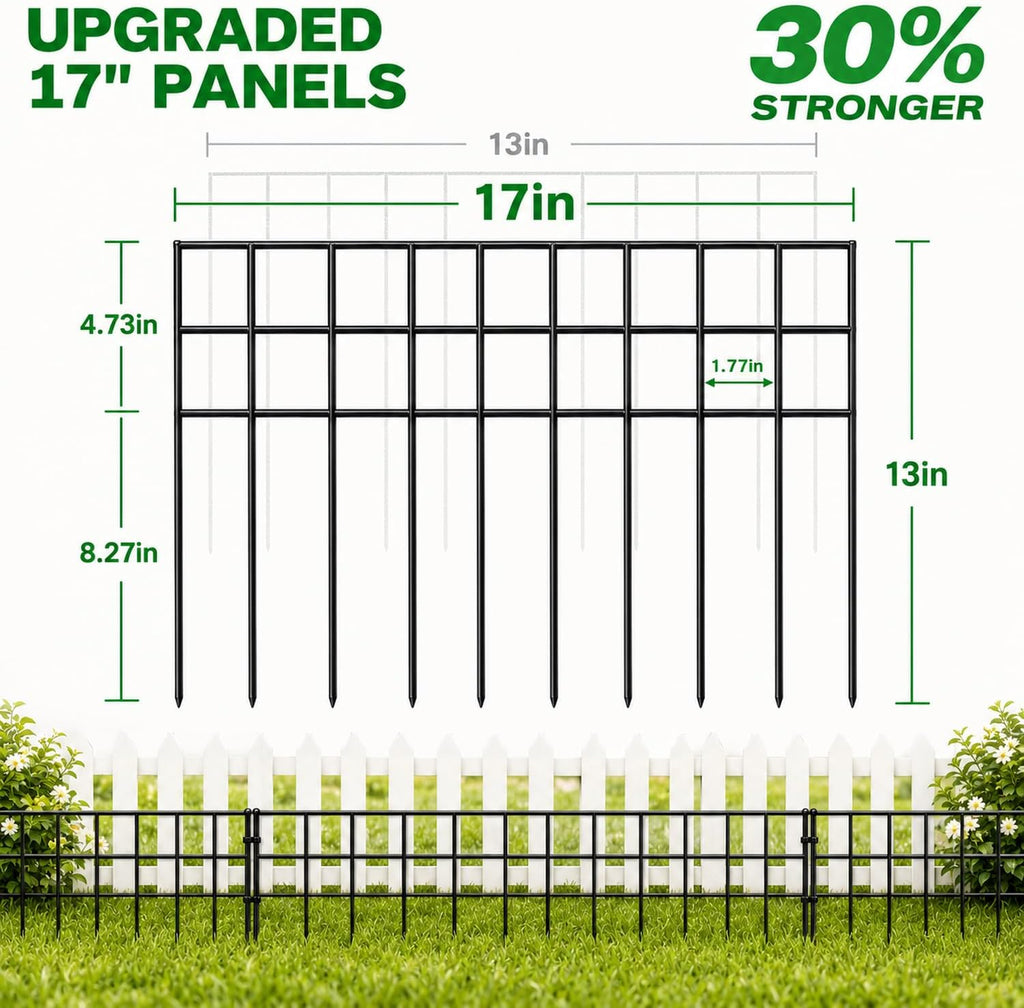 animal barrier fence 42.5ft(l)x13in(h), 30 panels no dig showing dimensions