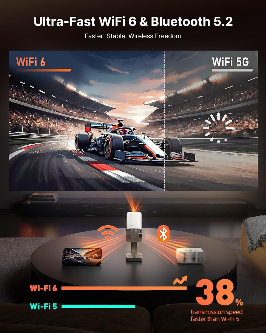 [Compatible with Netflix & TOF Real-time Focus] Mini Projector with WiFi and Bluetooth, XuanPad Gold Smart Projector 4K Support, Dolby Audio & Keystone for Home Presentation Boards, Display Booths