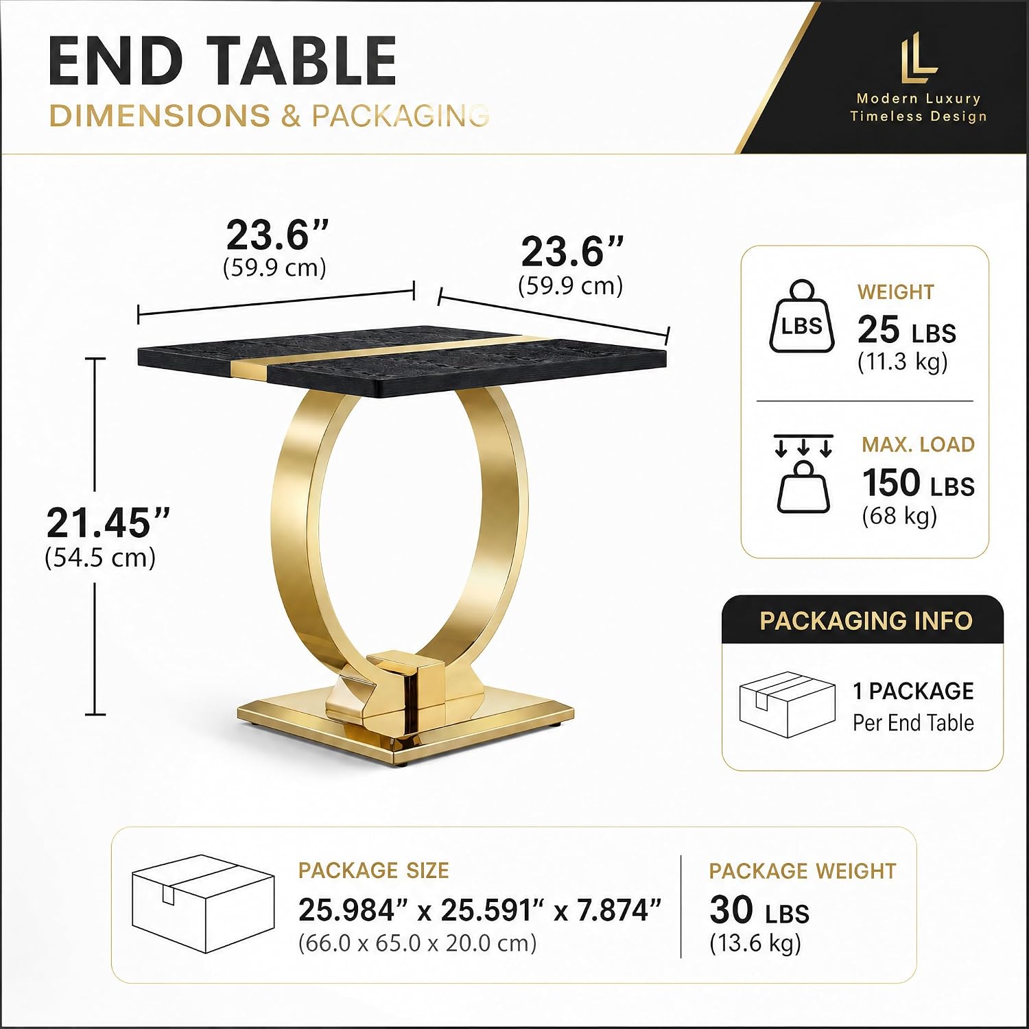 Asday 23” Black and Gold End Table, Modern Square Wood Side Table with Polihsed Metal U-Base for Living Room Bedroom Office, Small Places, Apartment