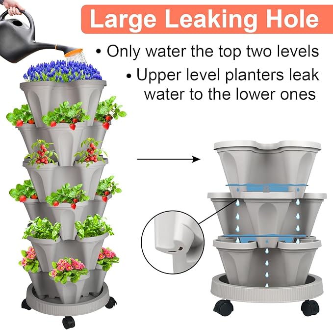 GameXcel Vertical Planter 6 Tier Stackable Planters Garden Planters Strawberry Herb Flower and Vegetable Planter Indoor Outdoor Gardening Pots with Removable Wheels and Tools 2-Pack