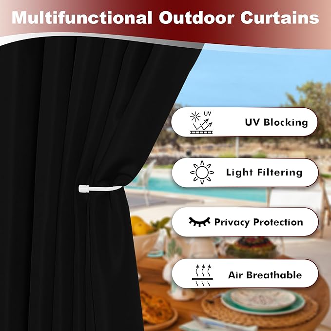 HolidayIdeas Grommet Outdoor Curtains for Patio Waterproof 8 Pcs All Weather Balcony Black Outside Curtains for Apartments, Gazebo, Pergolas, Porch, 54x84 Inch
