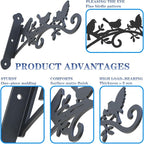 Metal Hanging Plant Bracket with Birdie Pattern 2 Pack – Heavy Duty Plant Hooks for Hanging Flower Baskets，Plants, Bird Feeder, Wind Chime - Indoor/Outdoor Use，Black Matte Texture (12 in)