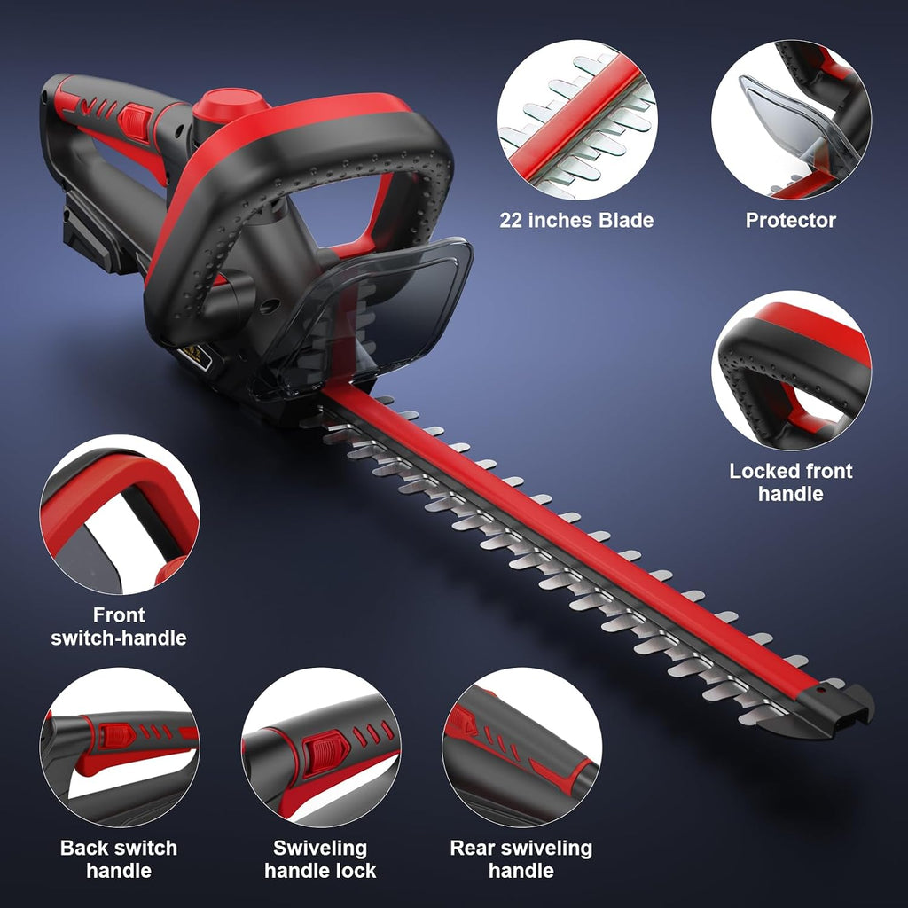 Cordless Hedge Trimmer Compatible with Milwaukee 18V Battery, Red | 22-Inch Dual Action Blade 1600 RPM Electric Bush Trimmer with Rotating Rear Handle for Garden (Battery Not Included)