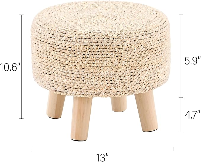 Cpintltr Ottoman Natural Seagrass Footrest Poufs Hand Weave Round Foot Stool for Couch Desk Soft Step Stool Padded Foot Rest with Pine Legs for Living Room Bedroom (Natural White)