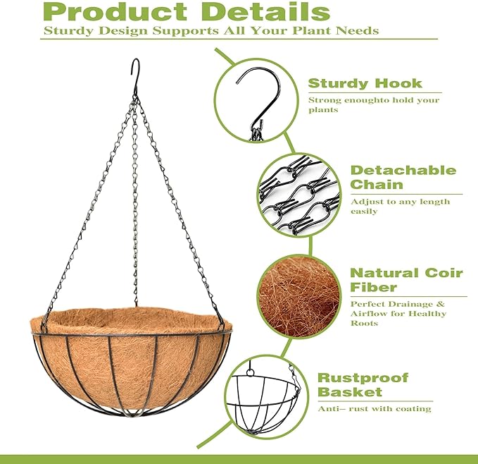 4 Pack 8 Inch Hanging Baskets for Plants Outdoor Metal Hanging Planter Hanging Flower Baskets with Coco Fiber Liners Chain Round Wire Plant Holder Hanging Flower Pots(Watermelon)