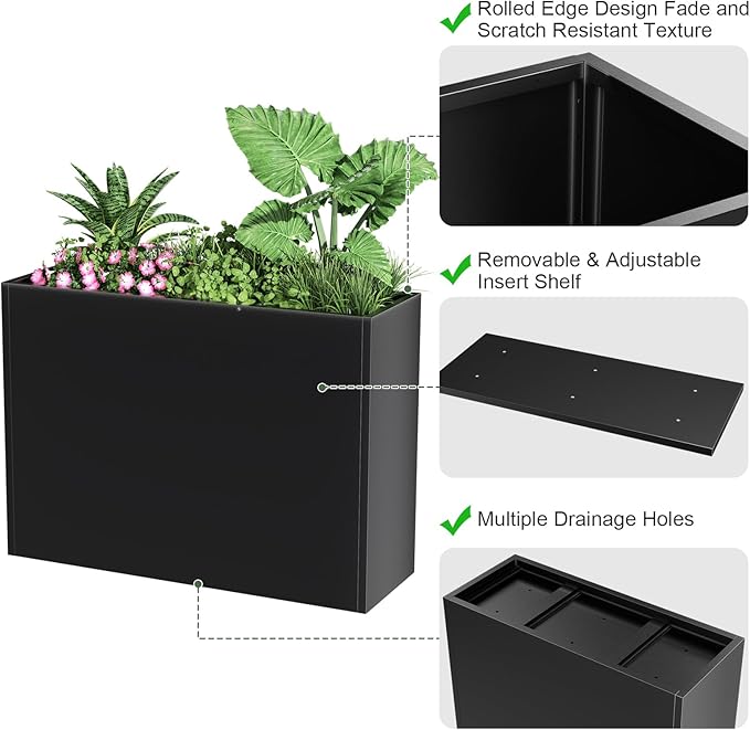 Metal Large Planter Box 30" L x 12" W x 24" H, Heavy Duty Tall Rectangle Outdoor Planter Box with Removable Insert Shelves for Porch, Garden, Patio, Yard (Black)