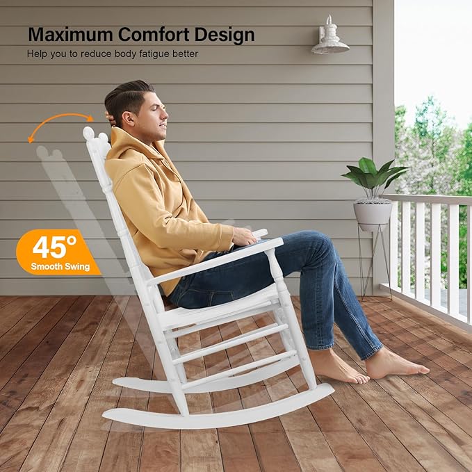 VINGLI Wooden Rocking Chair, Outdoor Chair with 450 lbs Support, Relaxing Rocker with Solid Wood High Back Seat Reclining Seat for Deck, Garden, Backyard, Porch, Indoor or Outdoor Use (White, 2PCS)