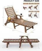 Carauci Lounge Chair Outdoor, HDPE Chaise Lounge with Wheels, 5-Position Adjustable Backrest & 2 Cup Holders Patio Lounge Chair, All-Weather Pool Sun Lounger for Poolside, Backyard, Teak