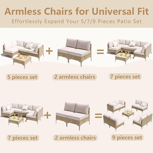 2-Piece Patio Furniture Set, Outdoor Wicker Sectional Sofa with Coffee Table, Anti-Slip & Thick All-Weather Cushions for Party, Poolside, Backyard, Beige