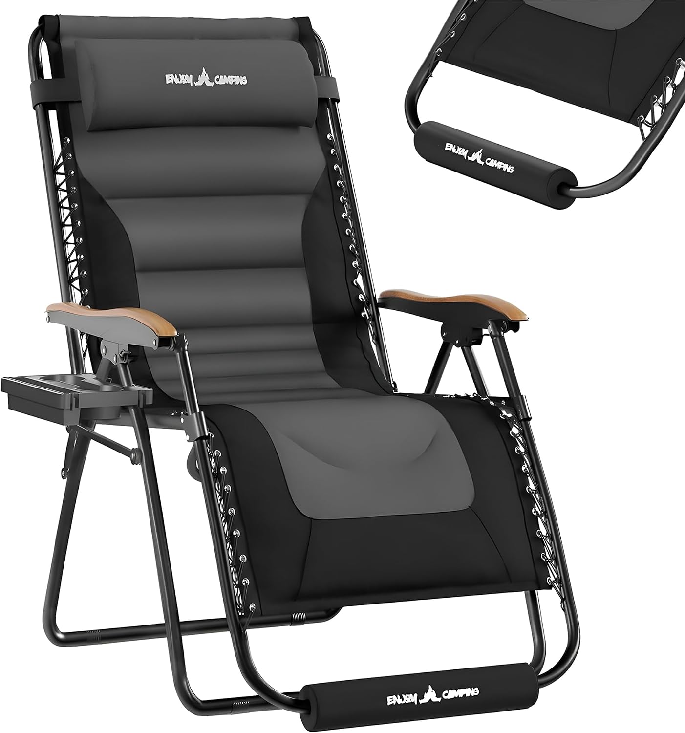 UDPATIO Oversized Zero Gravity Chair Outdoor Folding Padding Recliner | 30in Anti Gravity Patio Chairs Heavy-Duty Adjustable with Cup Holder, Foot Pad & Headrest for Garden Indoor Black/Gray