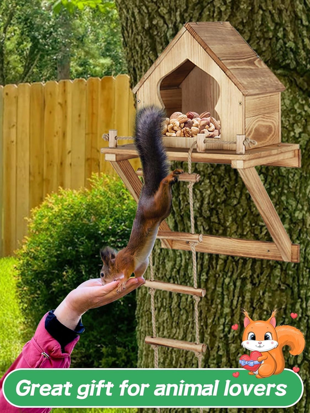 Bigmeta Funny Squirrel Feeder for Outside with Ladder | Wall and Tree Mounted, Backyard Garden Decoration Gifts for Wildlife Lovers