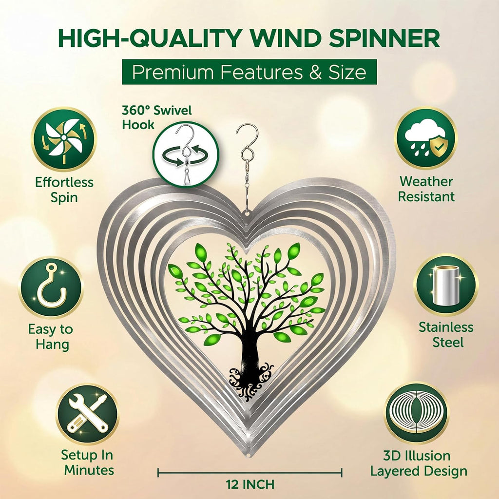 ISEO Silver Heart Wind Spinner Outdoor, 12 Inch Tree of Life Hanging Garden Decor, 3D Metal Yard Art for Porch Patio Balcony, Gift for Women Mom Grandma