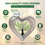 ISEO Silver Heart Wind Spinner Outdoor, 12 Inch Tree of Life Hanging Garden Decor, 3D Metal Yard Art for Porch Patio Balcony, Gift for Women Mom Grandma