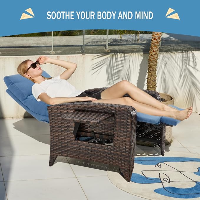 Upgraded Outdoor Recliner Chair, Reclining Patio Chairs with Adjustable Back up to 150°Lay Flat and Extended Footrest, Wicker Recliner Chairs with Flip Table and Removable Olefin Cushion
