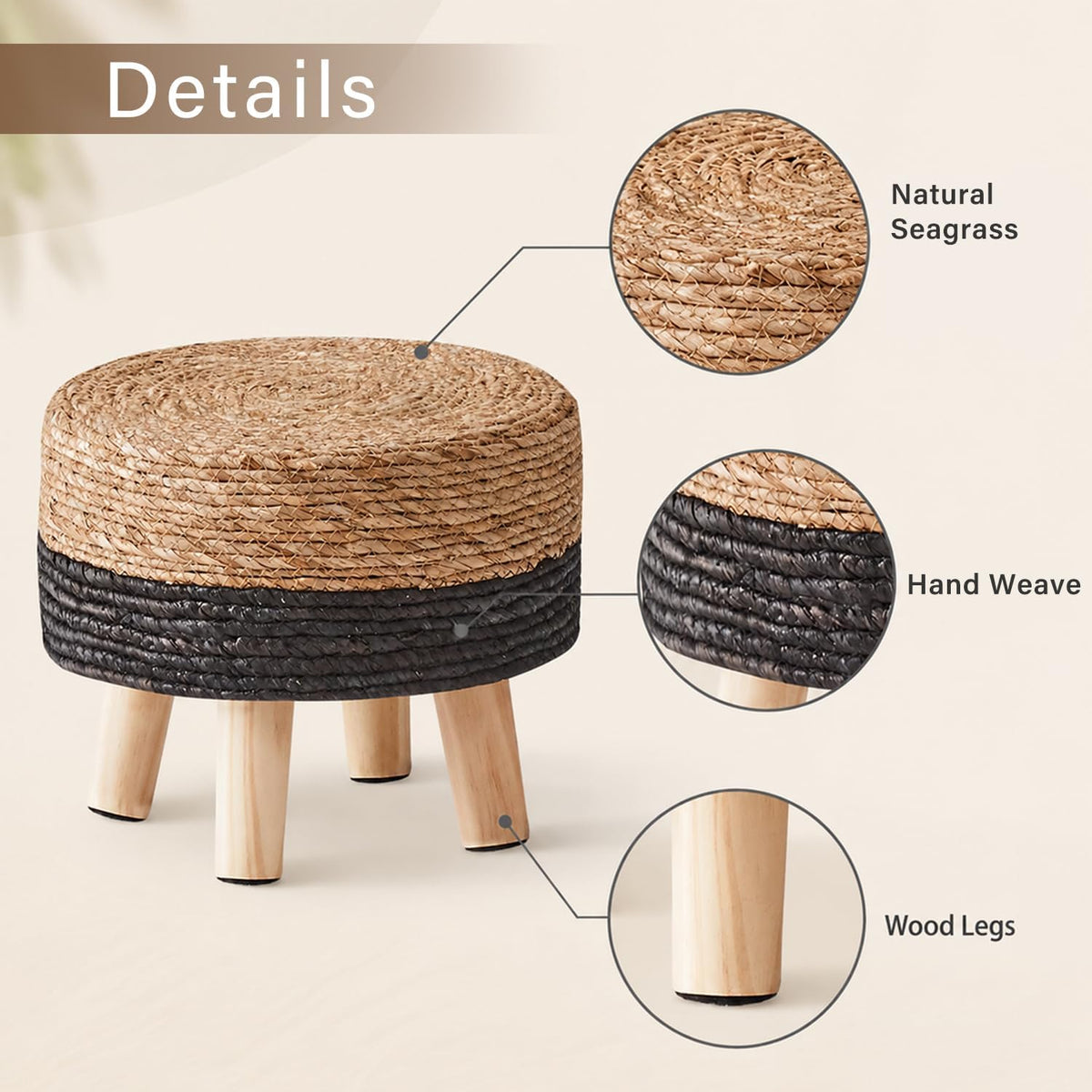 wimarsbon round foot stool natural seagrass poufs ottoman showing dimensions