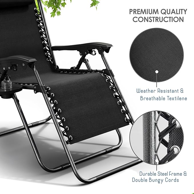 Nestl Zero Gravity Chairs, Portable Patio Lounge Chair Outdoor with Pillows & Cup Holder Trays, Adjustable Steel Mesh Reclining Camping Chair, Folding Patio Lawn Chair for Deck, Beach, Yard - Black