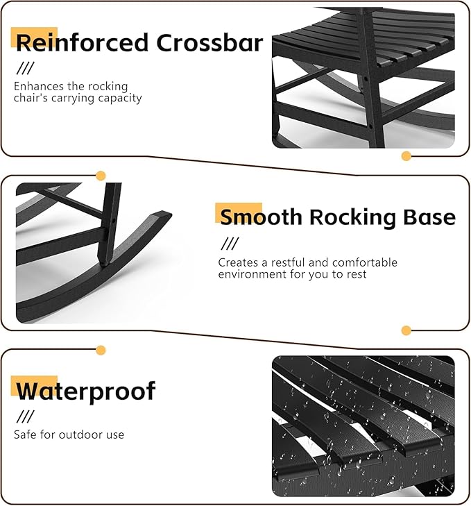 Patio Rocking Chair Outdoor Set of 1,Weather Resistant Poly Resin Oversized Porch Rocker,Indoor Outdoor Use(1, Black)