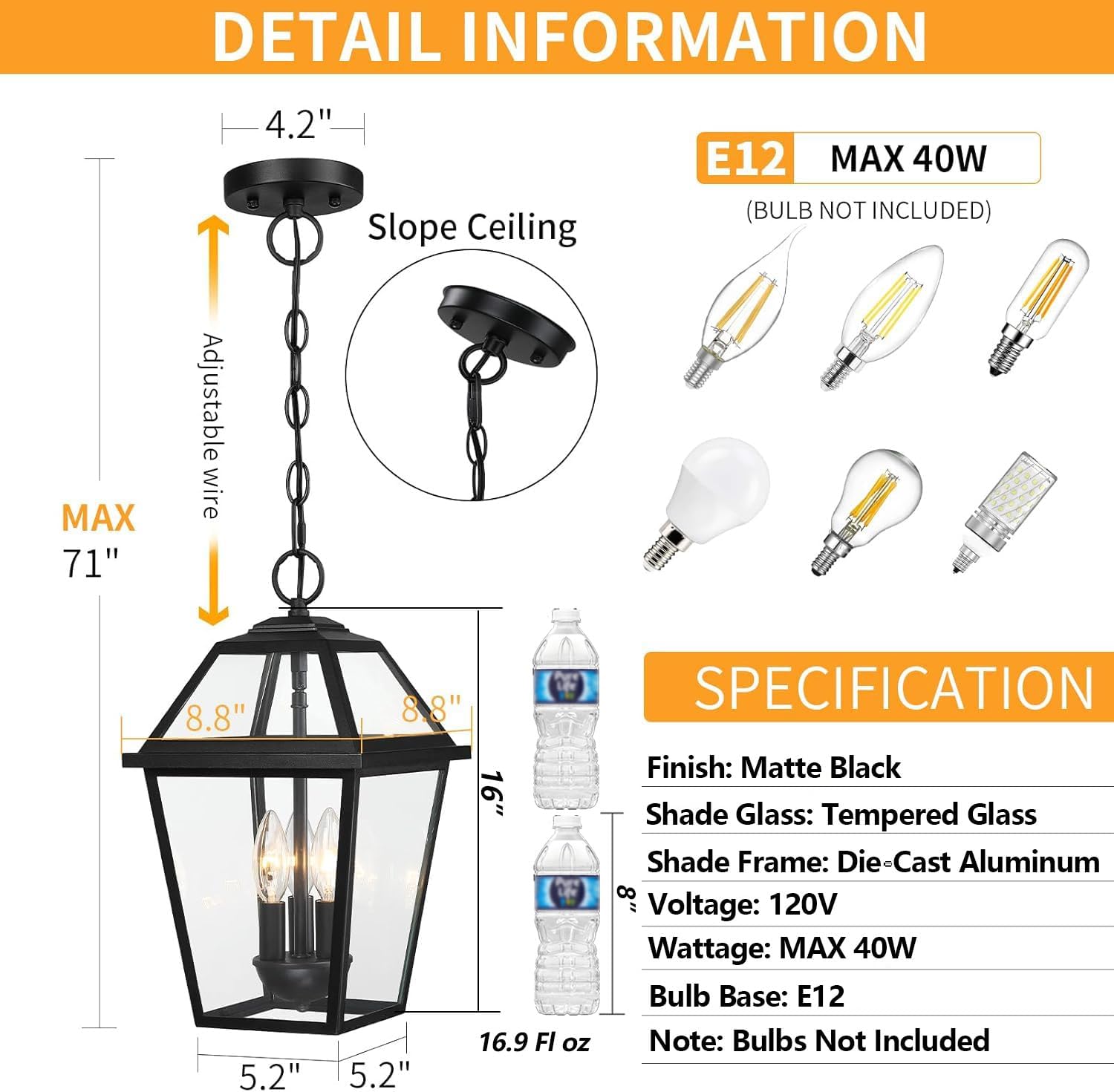 Modern 3-Light Large Outdoor Pendant Light, Matte Black, 1Pack | Exterior Hanging Light Fixture, IP65 Waterproof Anti-Rust, Outdoor Chandelier for Porch, Front Door, Balcony, Sloped Ceiling