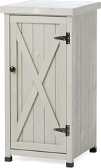 Outdoor Storage Cabinet for Patio, Garden Potting Bench Table with Shelves & Metal-Tabletop, Wooden Planting Work Station, Weatherproof