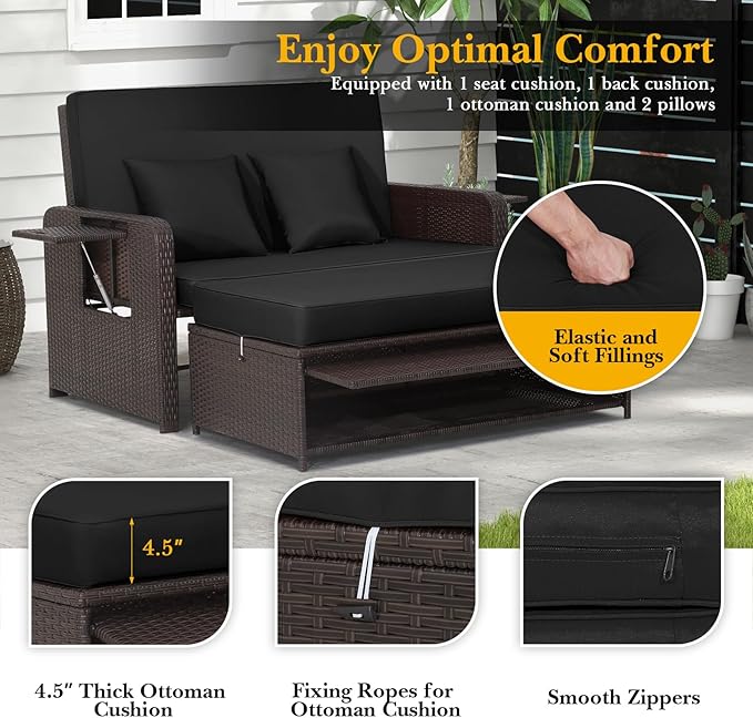 Nightcore Wicker Patio Outdoor Daybed, Outdoor Chaise Lounger w/ 4-Level Adjustable Backrest, Retractable Side Trays, Storage Ottoman, Comfortable & Removable Cushions, Rattan Loveseat (Black)