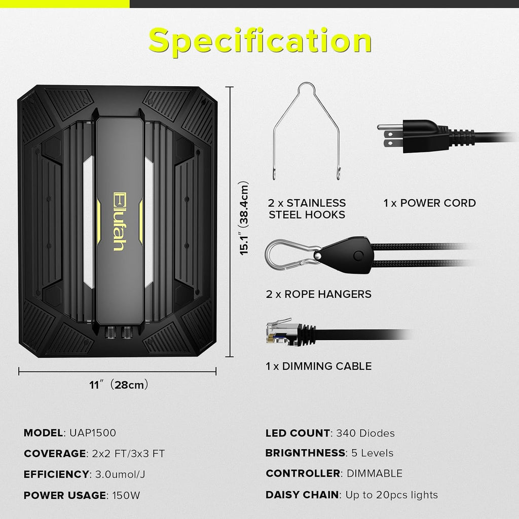 LED Grow Light 150W Full Spectrum Grow Lights for Indoor Plants | UAP1500 Commercial Growing Lamp Full Epar Boost Mode Switch Daisy Chain, Dimmable for Seeding Veg Bloom in 2x2, 3x3 Grow Tent
