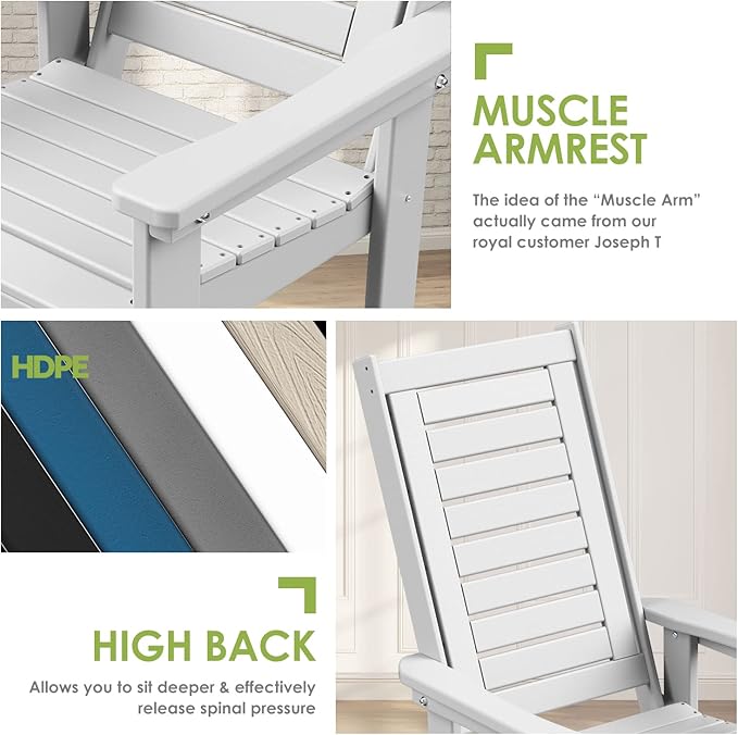 GREENVINES Outdoor Rocking Chair Set | 3-Piece | 2 Rocking Chairs with 1 Side Table | Porch Rocker | HDPE Plastic | White | Patio Furniture Sets | High Back | Big & Tall | Ladder Back