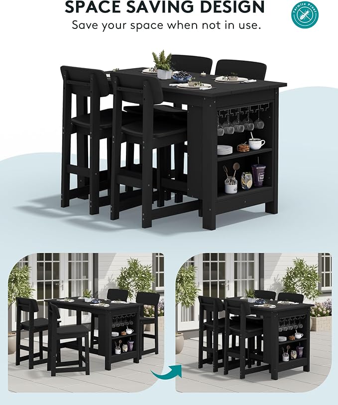 SERWALL 3-Piece Outdoor Counter Height Bar Set, HDPE Patio Bar Table with Wine Rack & Storage Shelf, 2 All-Weather Bar Stools, Patio Bar Dining Furniture Set for 3, Black