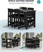 SERWALL 10-Piece HDPE Counter Height Dining Table Sets with Storage and Wine Rack, 2 Rectangular Bar Table with Bar Stools Set of 8 for Garden, Backyard, Kitchen, Black