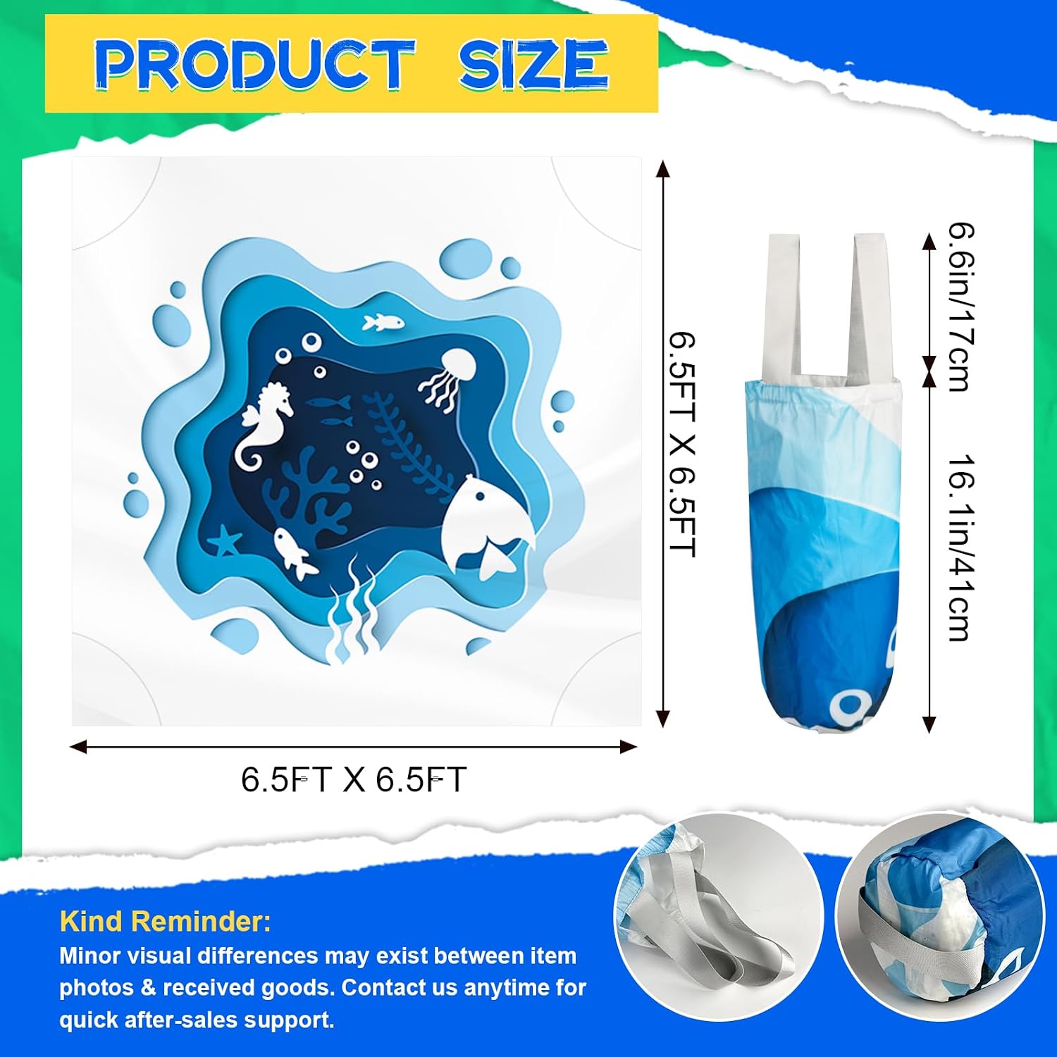 6.5 X 6.5Ft Baby Beach Pool, 2 in 1 Square Portable Toddler Beach Puddle | Cartoon Ocean Theme, Waterproof & Sandproof, Cute Toddler Paddling Pool Beach Blanket with Carrying Bag for Boys Girls, Blue