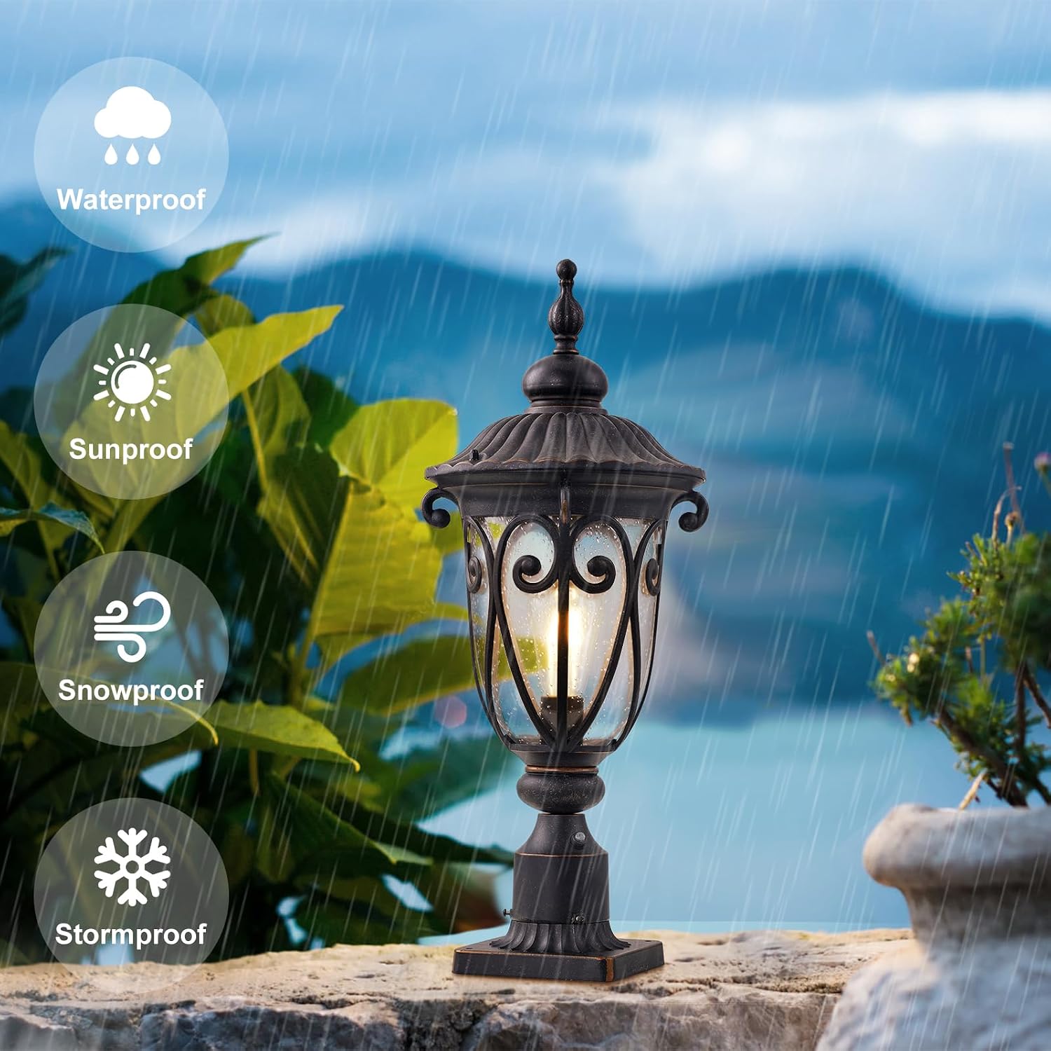 24 Inch High Outdoor Post Light Fixture with Dusk to Dawn Sensor, Bronze Post Lantern with Pier Mount, Exterior Pole Lighting with Seeded Glass for Yard, Garden, Patio and Pathway, LMMS0519-M
