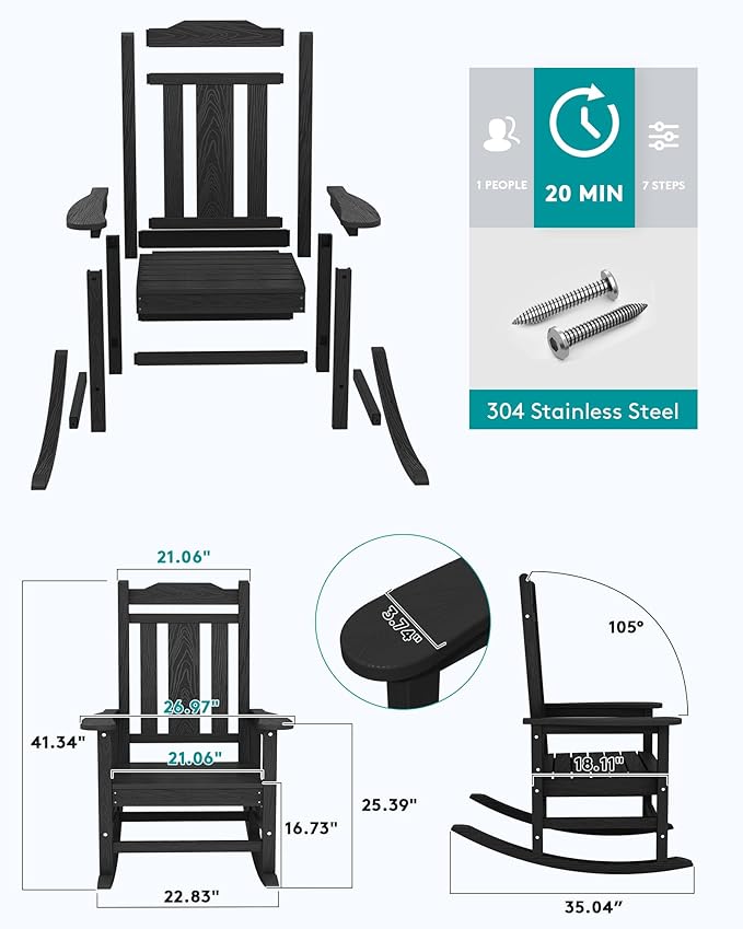 SERWALL Outdoor Rocking Chair Black Set of 8, All Weather Patio Rocking Chair, HDPE Poly Rocking Chair for Adults, Heavy Duty Front Porch Rocker
