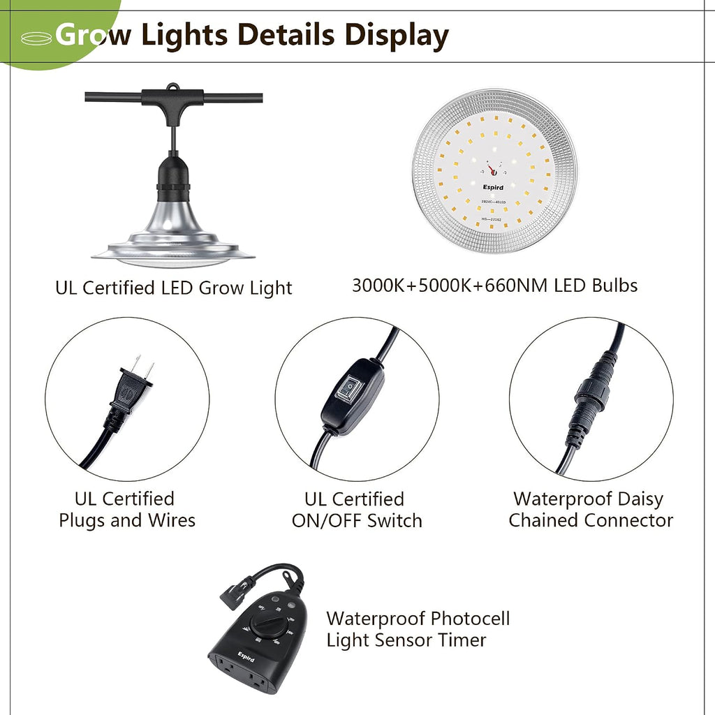Outdoor LED Grow Light with Timer, 12-Light Full Spectrum Grow Light Strip, Waterproof Plant Lamps, UL Certified String Grow Lights for Greenhouse Garden, 41FT Light for Veg Seedling Flower