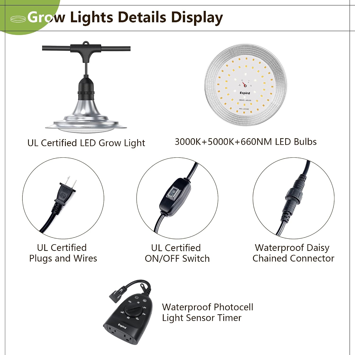 Outdoor LED Grow Light with Timer, 12-Light Full Spectrum Grow Light Strip, Waterproof Plant Lamps, UL Certified String Grow Lights for Greenhouse Garden, 41FT Light for Veg Seedling Flower