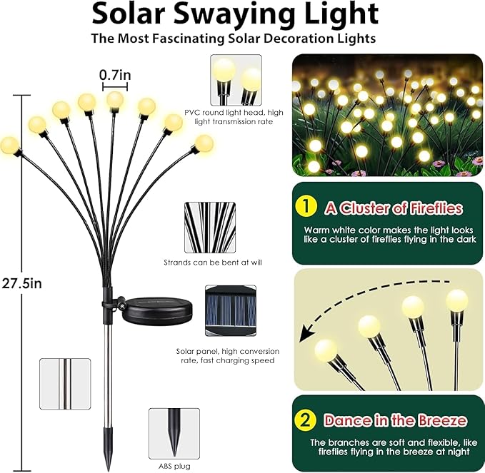 4-Pack Garden Solar Lights, 32 LED Solar Lights Outdoor for Garden Decor, Waterproof Firefly Light Outdoor (Sway by Wind), Swaying Light for Outside Yard Pathway Landscape Decorations (Warm White)