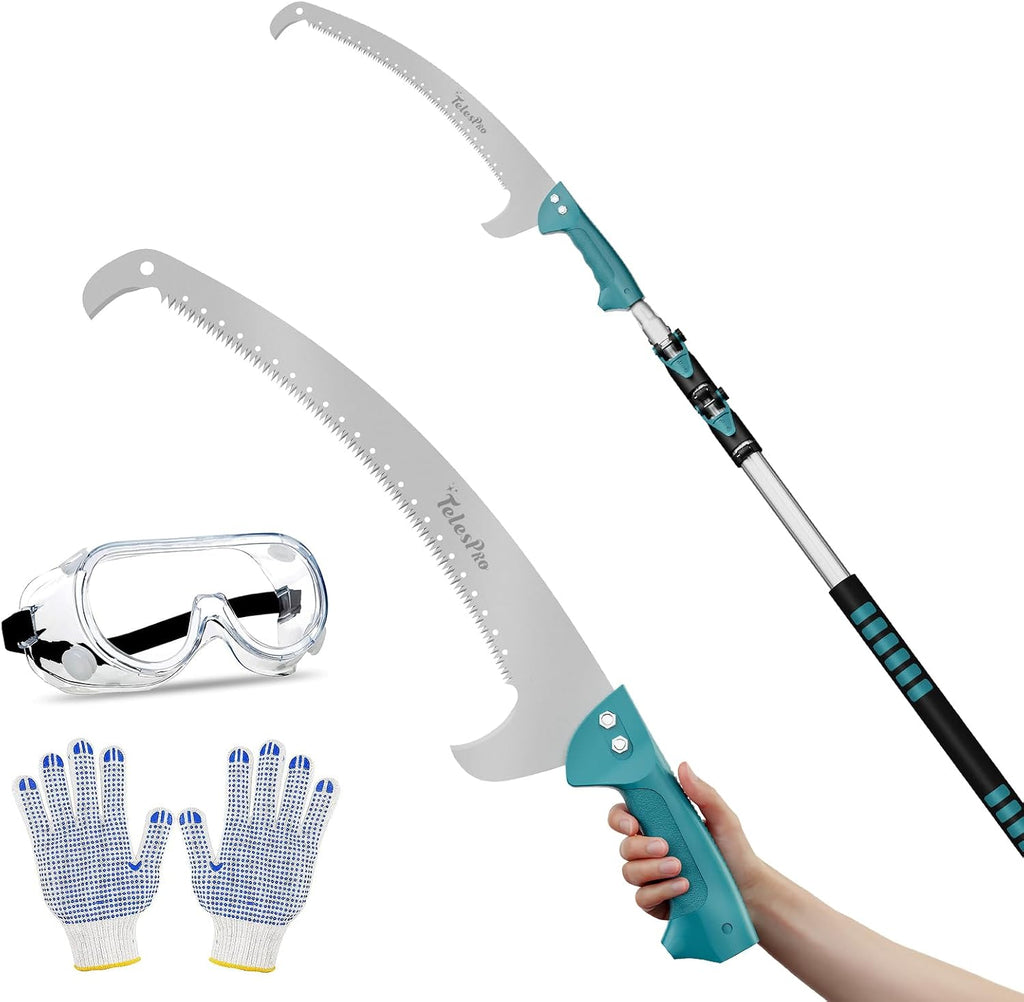 TelesPro Extendable Tree Trimmer: Manual Pole Saw | 5-12ft Telescoping Pruning Pole for Tree Trimming | Saw Attachment, Safety Goggles, and Gloves Included | Trim Branches up to 2" Diameter