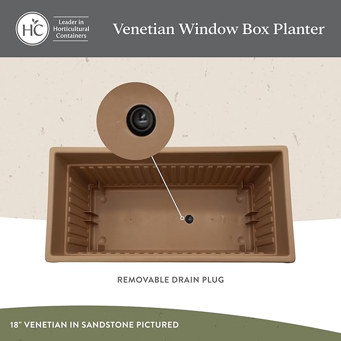 The HC Companies Venetian Windowr Planter Box w/Drain Plug - Long Planter Box for Windowsills, Balconies & More - Plastic Large Rectangular Outdoor Planters for Herbs & Flowers (30" Clay, Pack of 1)