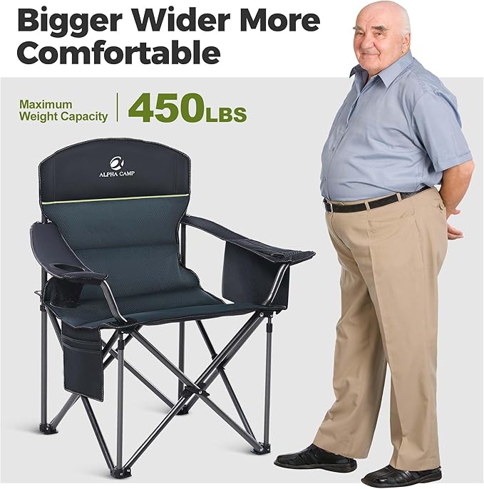 ALPHA CAMP Heavy Duty Camping Chair 500LBS Capacity, Oversized Folding Chair for Heavy People, Padded Portable Outdoor Chair with Cooler Bag & Cup Holder for Camping, Fishing, Beach