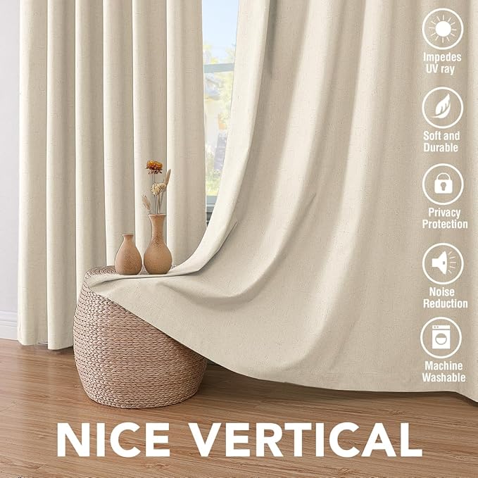 H.VERSAILTEX 100% Blackout Curtains for Bedroom Thermal Insulated Linen Textured Curtains Heat and Full Light Blocking Drapes Living Room Curtains 2 Panel Sets, Bleached Sand, 52x54 Inch