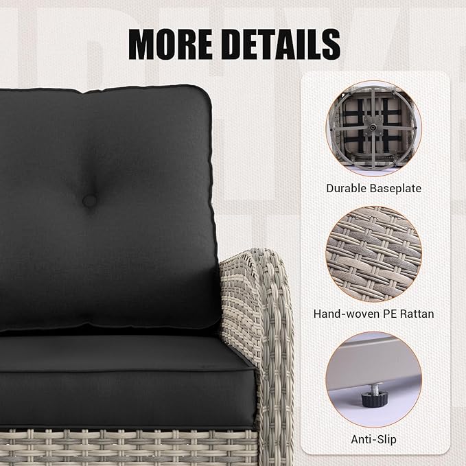 15-Piece Outdoor Patio Furniture Set with Rocking Swivel Chair Wicker Sectional Sofa Set, Patio Conversation Set with Thickened Cushions & Coffee Table for Garden, Backyard, Dark Grey