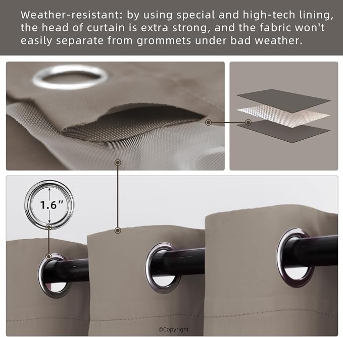 Waterproof Outdoor Curtain W105 x L108 - Grommet Top Sunlight Blocking Window Treatment Drapes Blackout Curtains for Home Bedroom Living Room Outdoor Patio Porch Pergola, Taupe, 2 Panels
