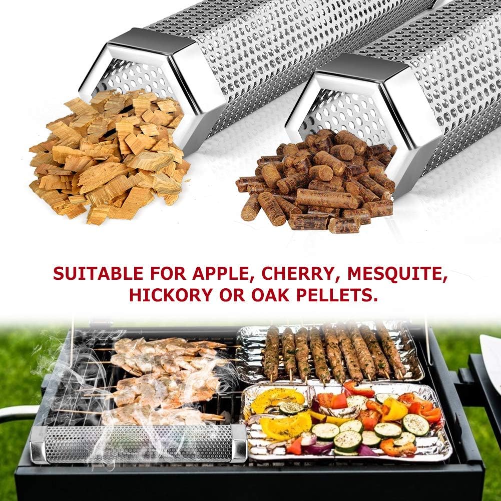 12” Smoke Tube for Pellet Smoker, Hot/Cold Smoking on Grill 5hrs | Stainless Steel 12" Smoker Tube with Wood Pellet or Chips, Hot or Cold Smoking on any Grill or Smoke for 5 Hrs, Easy to Clean